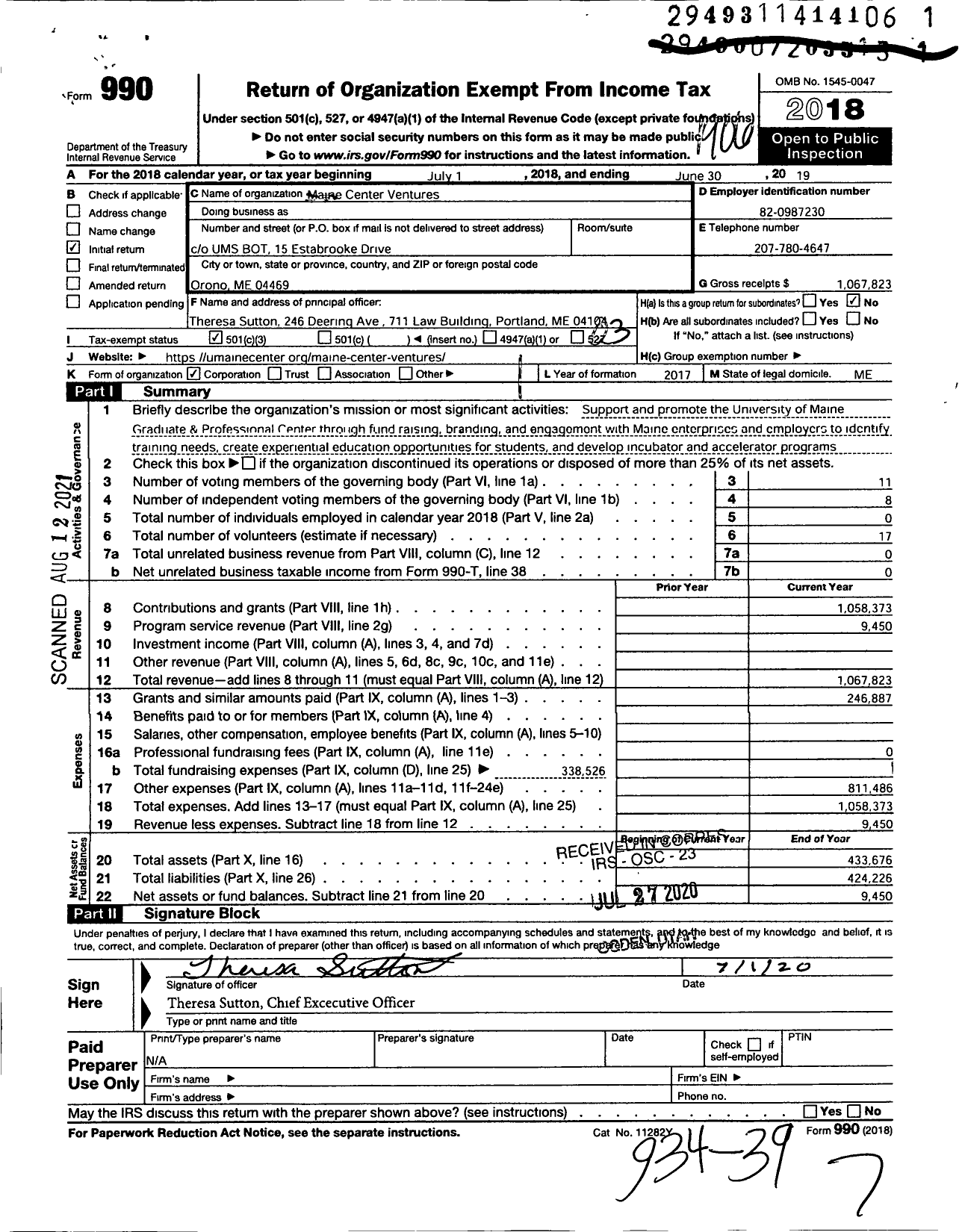 Image of first page of 2018 Form 990 for Maine Center Ventures