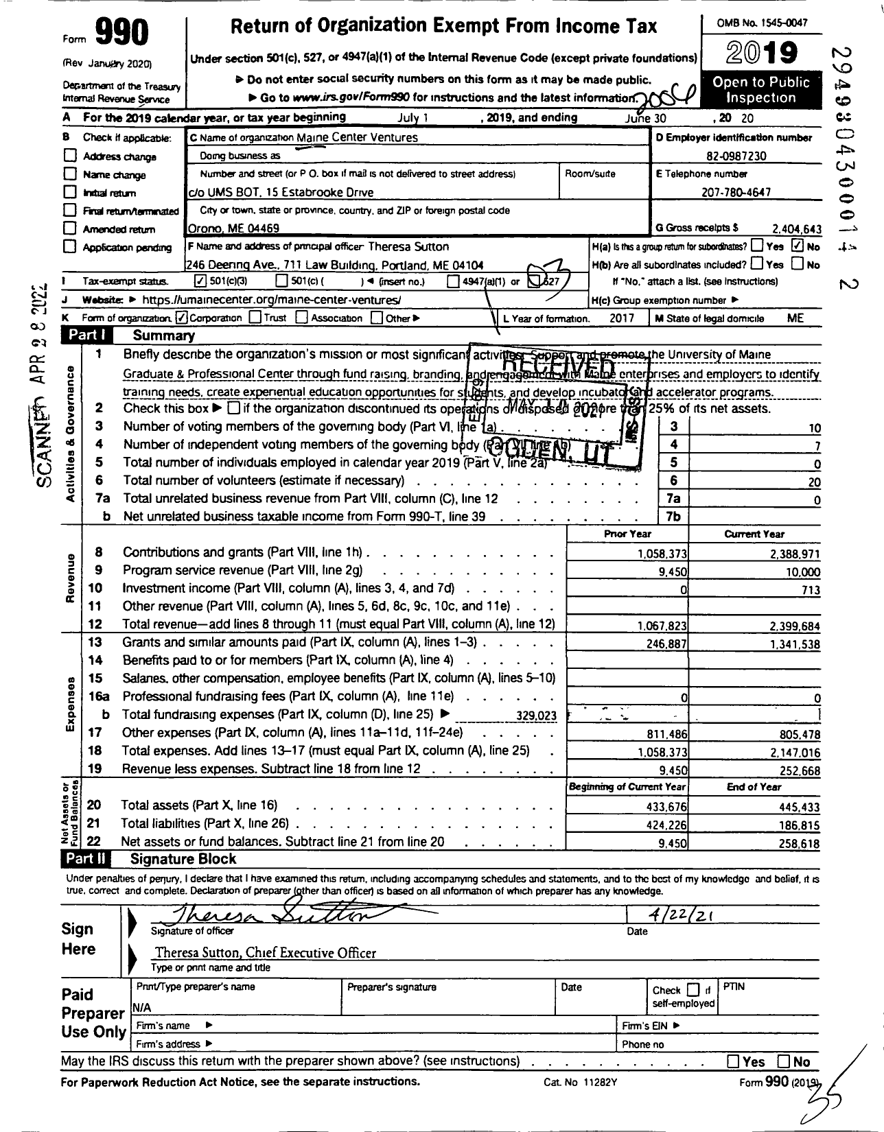 Image of first page of 2019 Form 990 for Maine Center Ventures