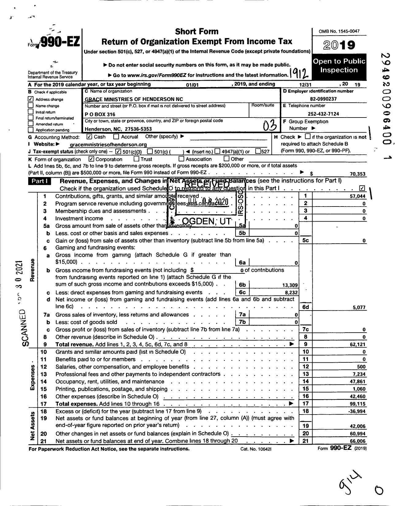 Image of first page of 2019 Form 990EZ for Grace Ministries of Henderson NC