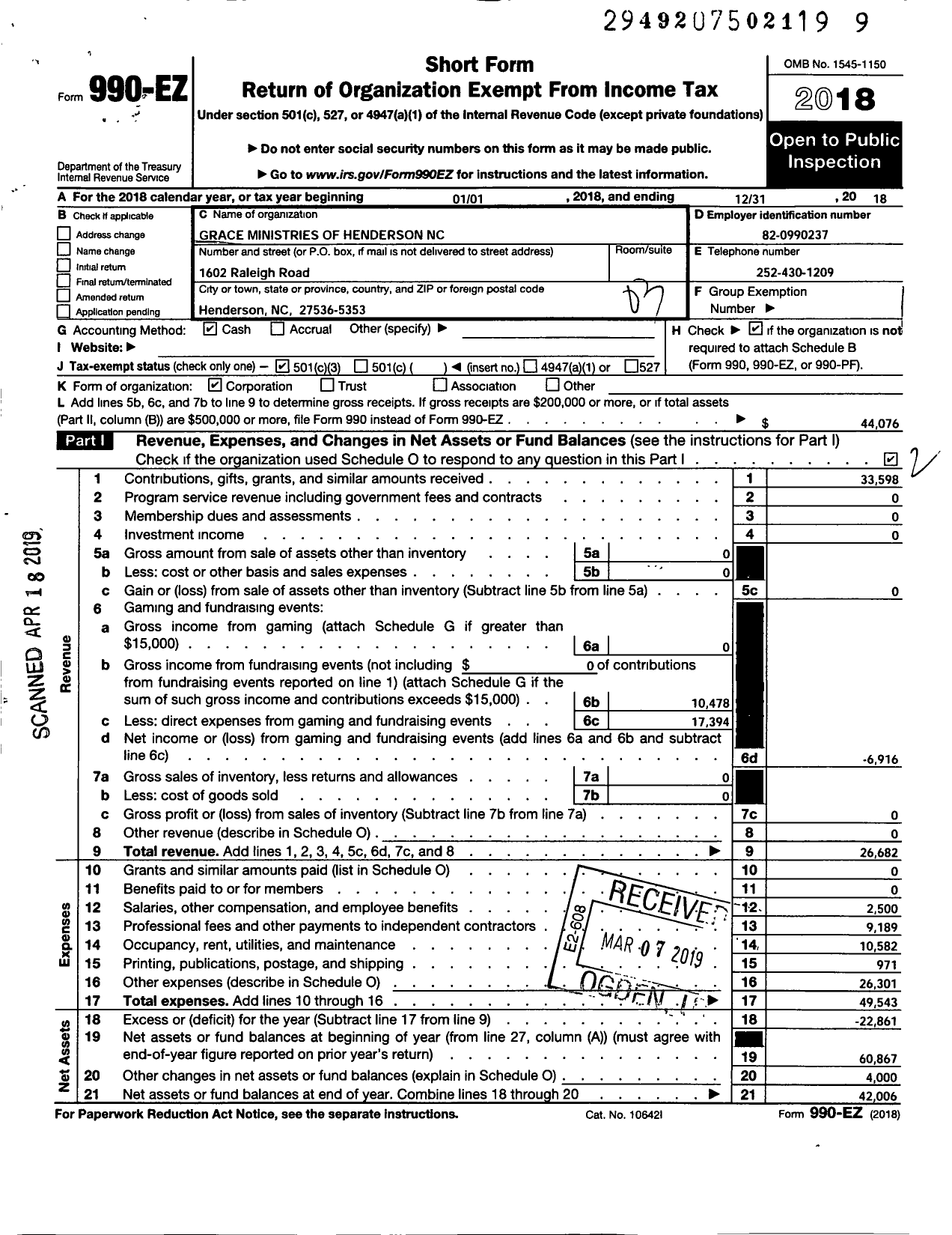 Image of first page of 2018 Form 990EZ for Grace Ministries of Henderson NC