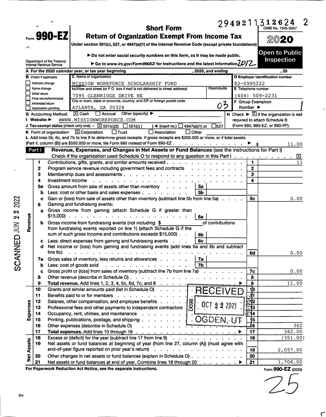 Image of first page of 2020 Form 990EZ for Mission Workforce Scholarship Fund