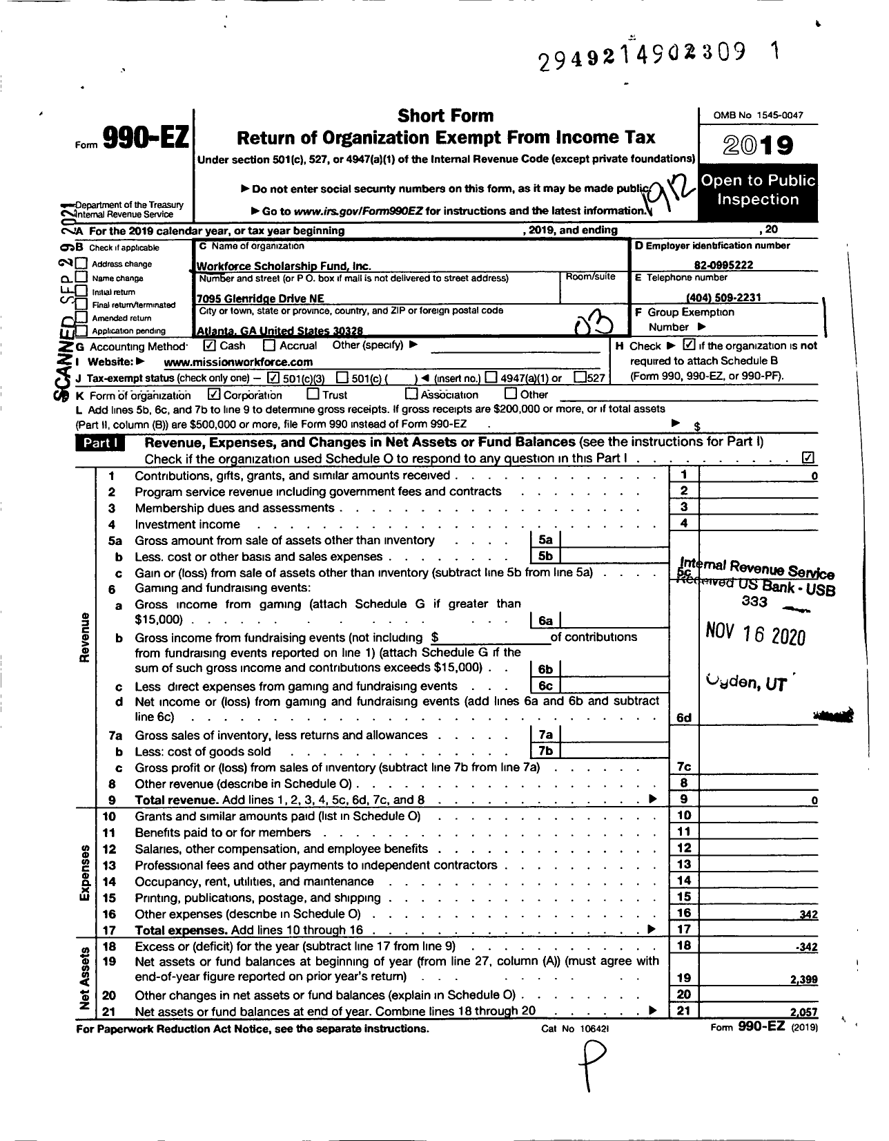 Image of first page of 2019 Form 990EZ for Mission Workforce Scholarship Fund