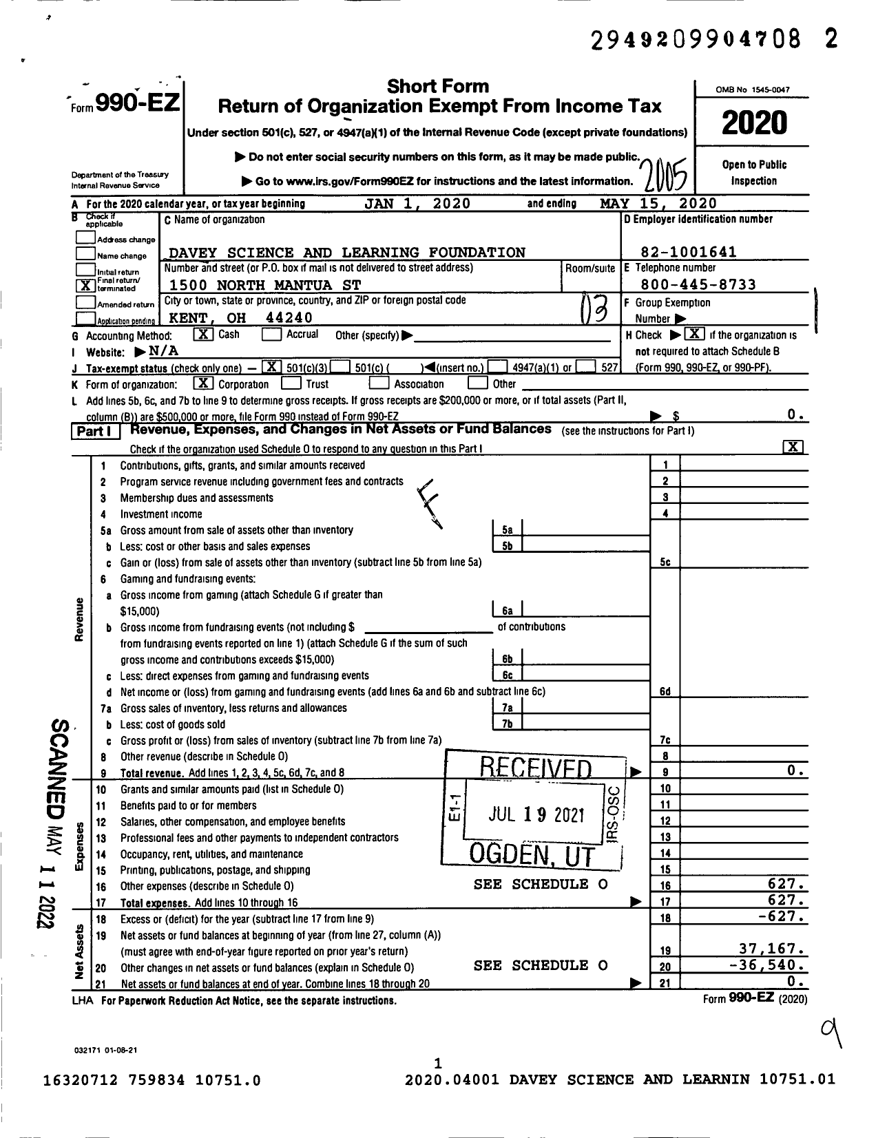 Image of first page of 2019 Form 990EZ for Davey Science and Learning Foundation