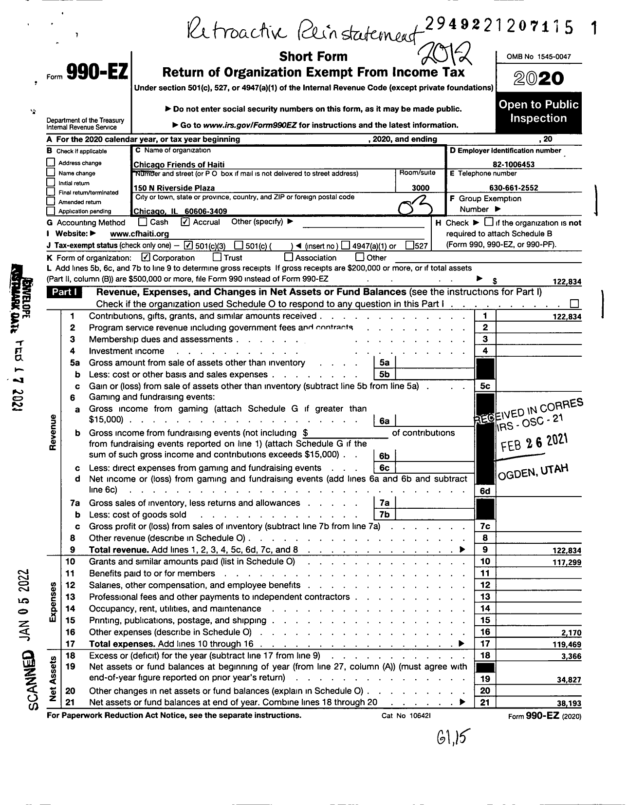 Image of first page of 2020 Form 990EZ for Chicago Friends of Haiti