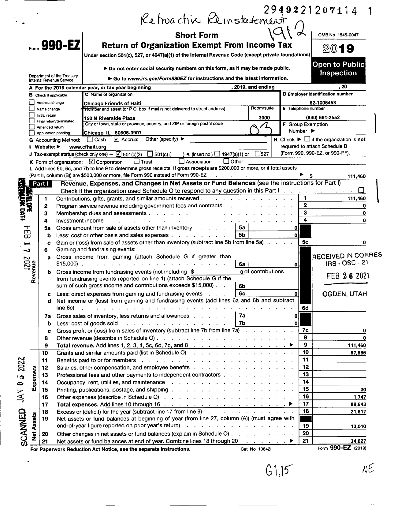 Image of first page of 2019 Form 990EZ for Chicago Friends of Haiti