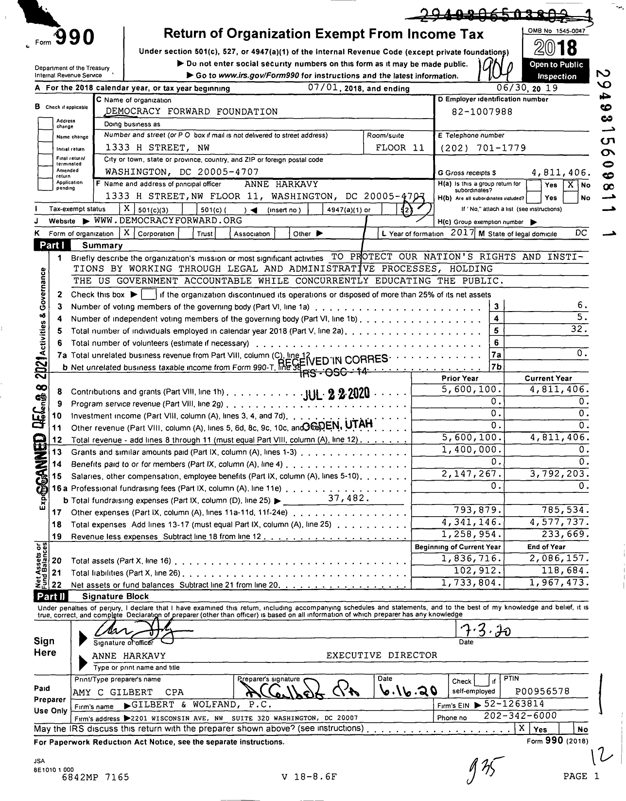 Image of first page of 2018 Form 990 for Democracy Forward Foundation