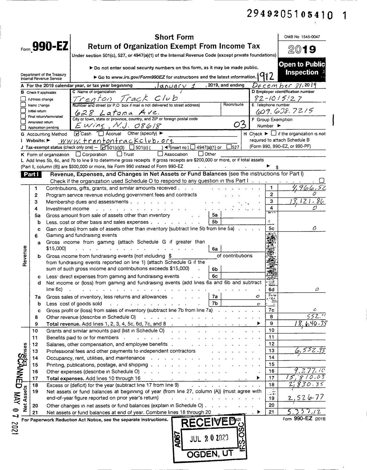 Image of first page of 2019 Form 990EZ for Trenton Track Club