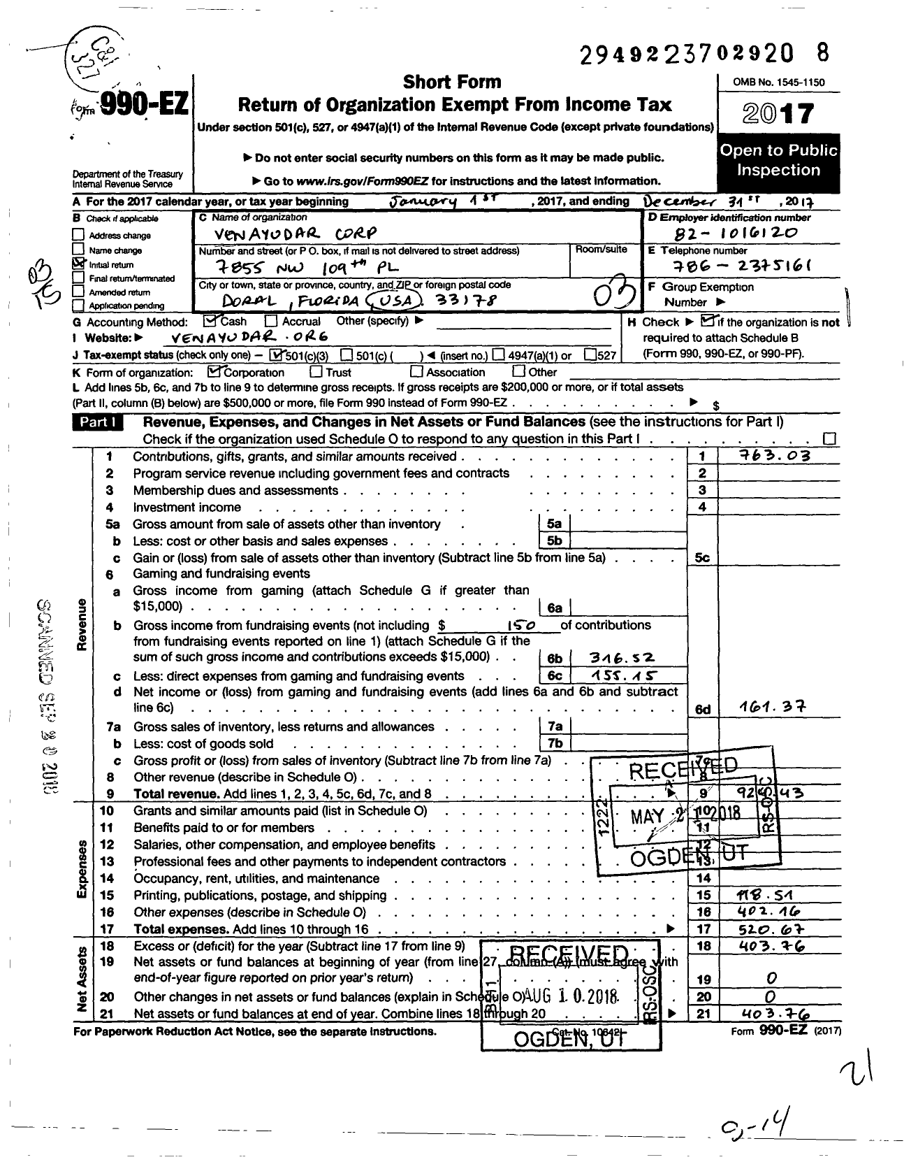 Image of first page of 2017 Form 990EZ for Venayudar Corporation