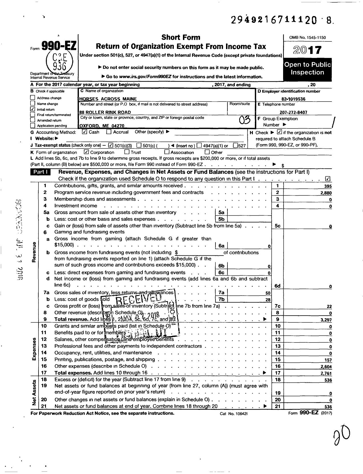 Image of first page of 2017 Form 990EZ for Horses Across Maine