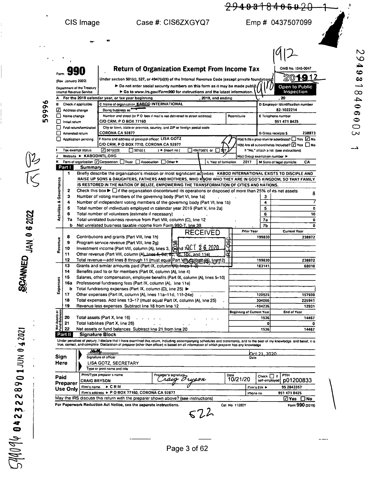 Image of first page of 2019 Form 990 for Kabod International