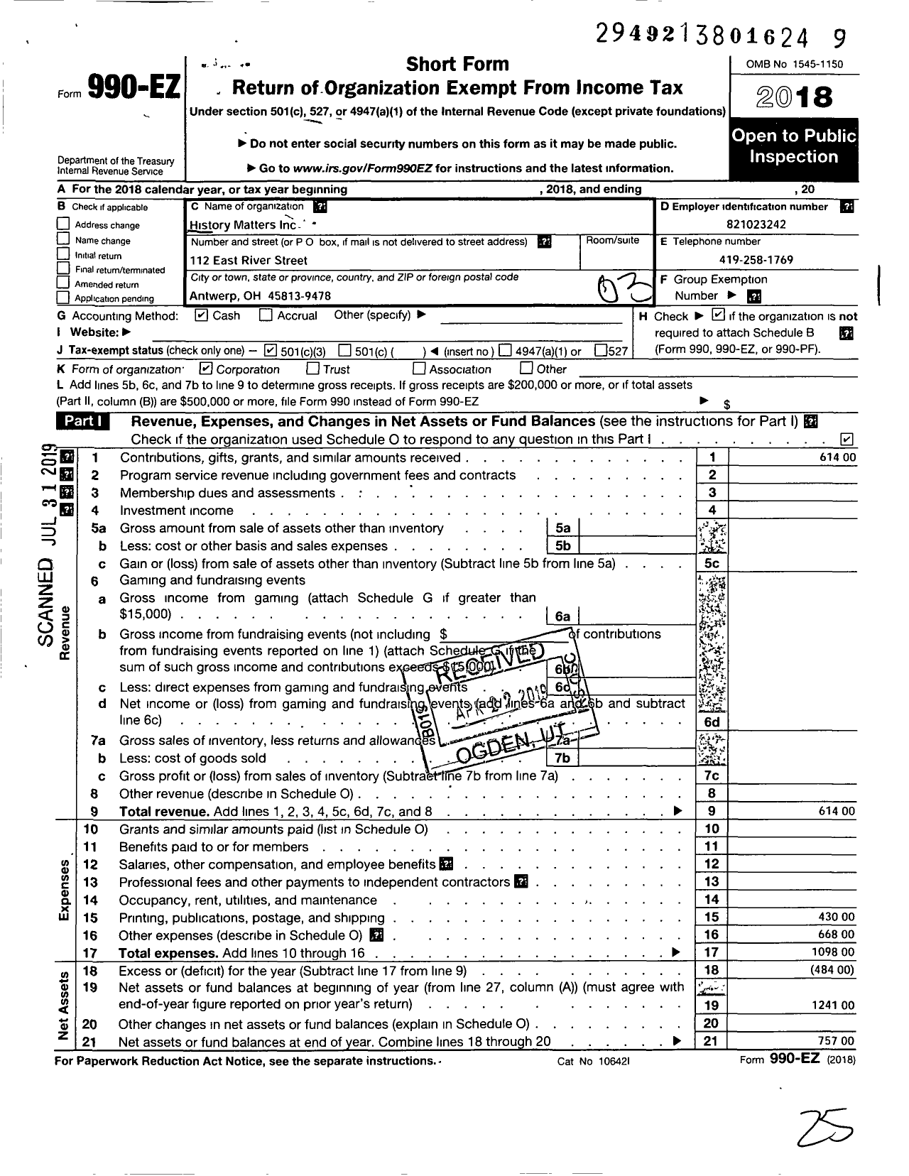 Image of first page of 2018 Form 990EZ for History Matters