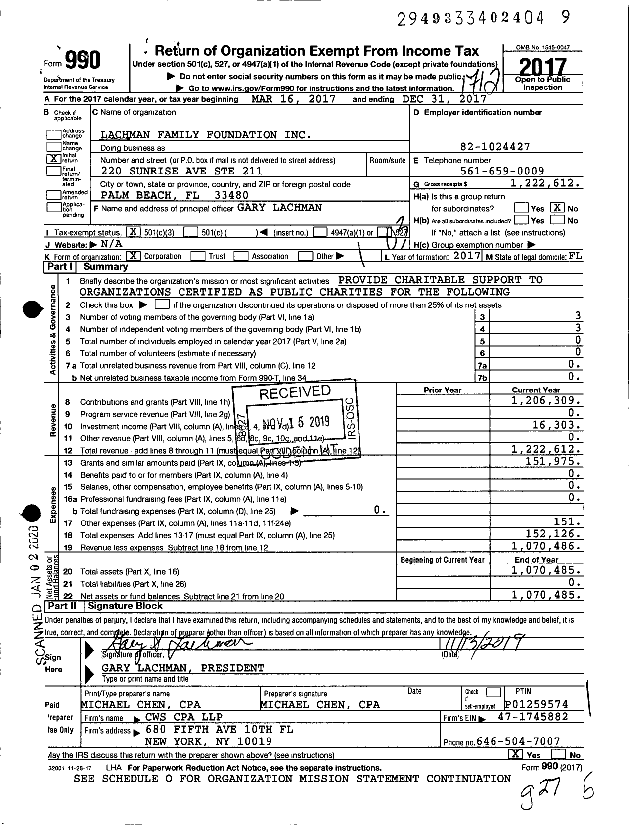 Image of first page of 2017 Form 990 for Lachman Family Foundation