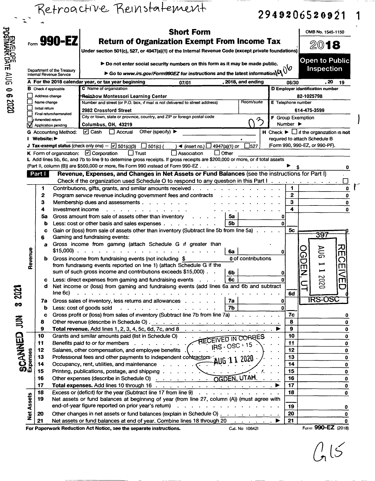 Image of first page of 2018 Form 990EZ for Rainbow Montessori Learning Center