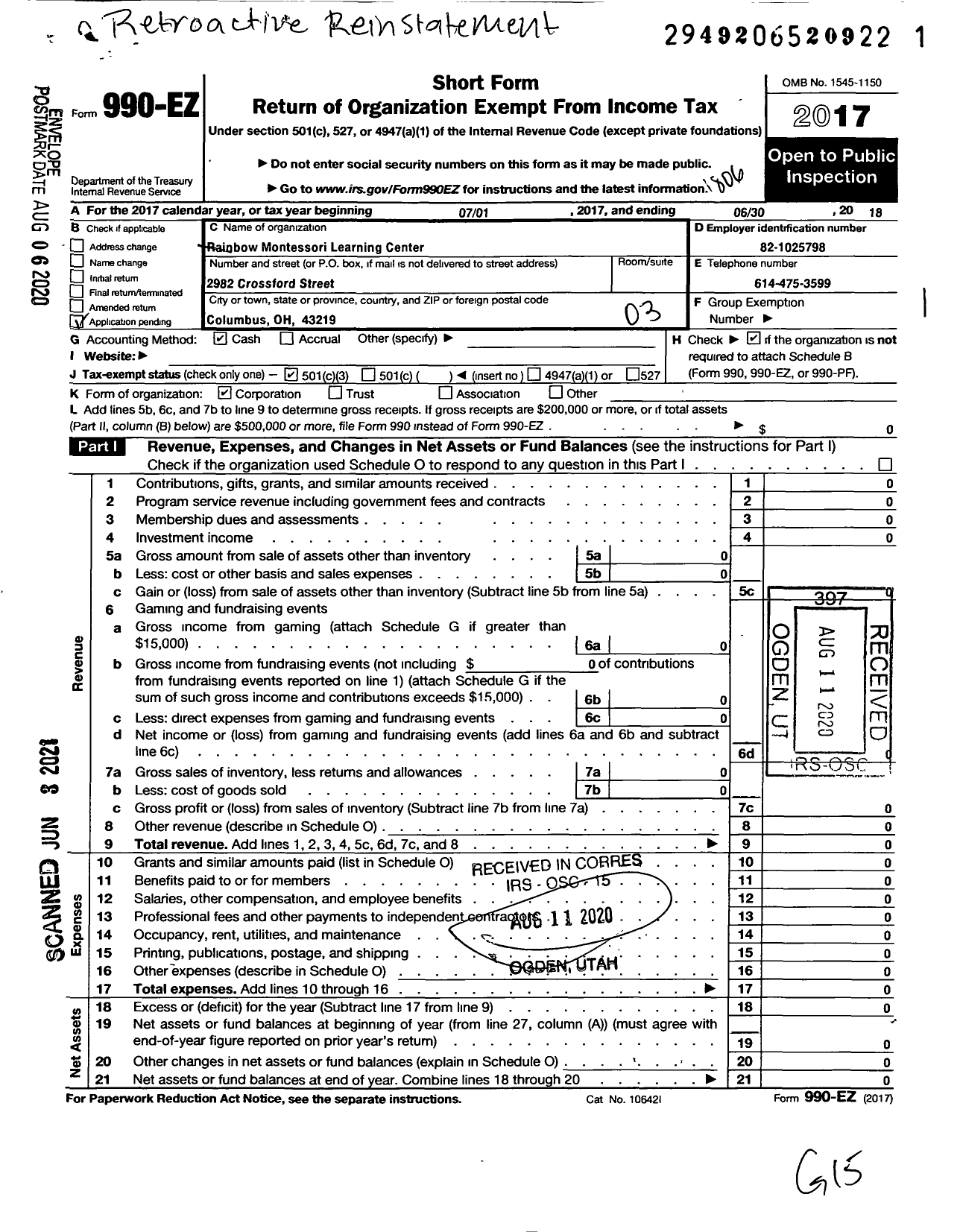 Image of first page of 2017 Form 990EZ for Rainbow Montessori Learning Center