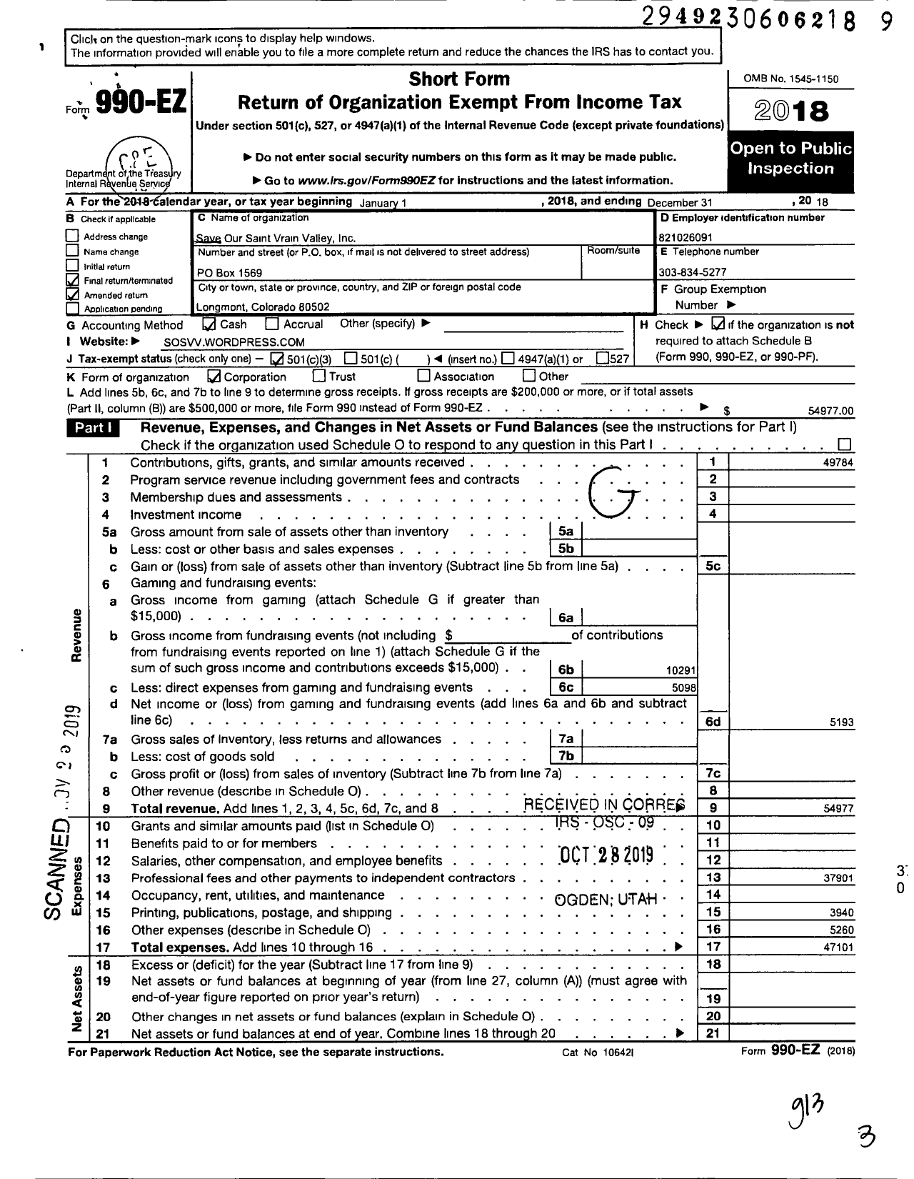 Image of first page of 2018 Form 990EZ for Save Our Saint Vrain Valley