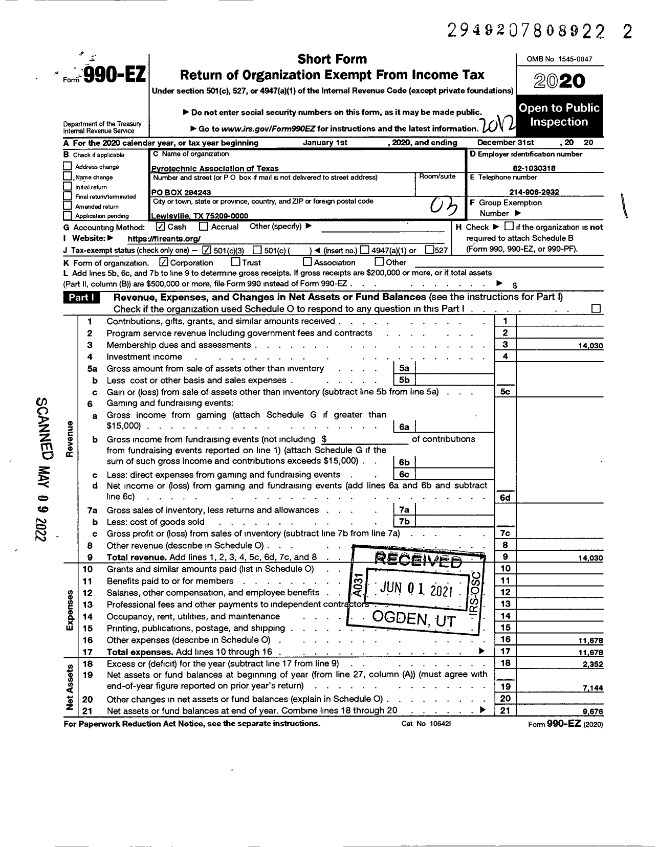 Image of first page of 2020 Form 990EZ for Pyrotechnic Association of Texas