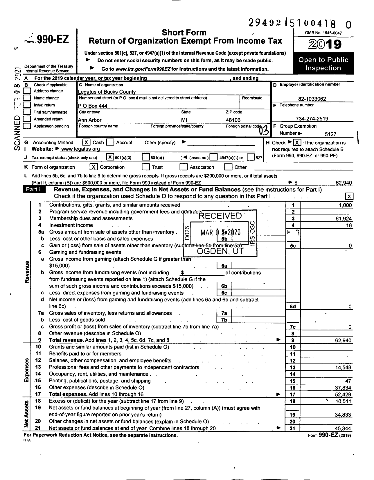 Image of first page of 2019 Form 990EZ for Legatus of Bucks County