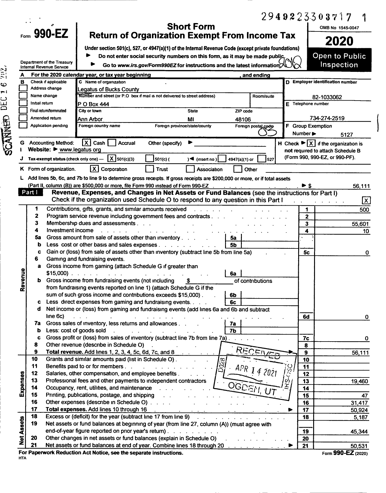 Image of first page of 2020 Form 990EZ for Legatus of Bucks County