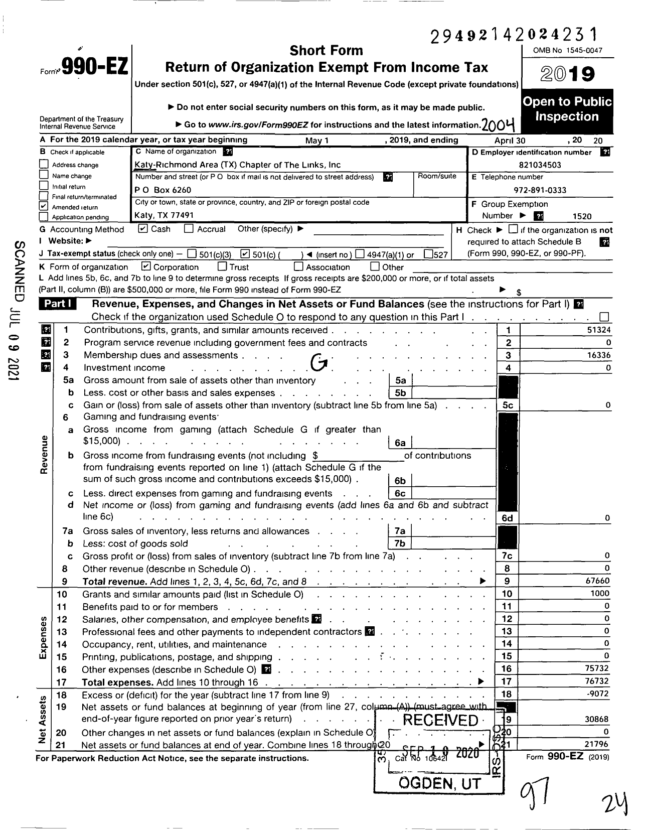 Image of first page of 2019 Form 990EO for Links / Katy Richmond Area TX