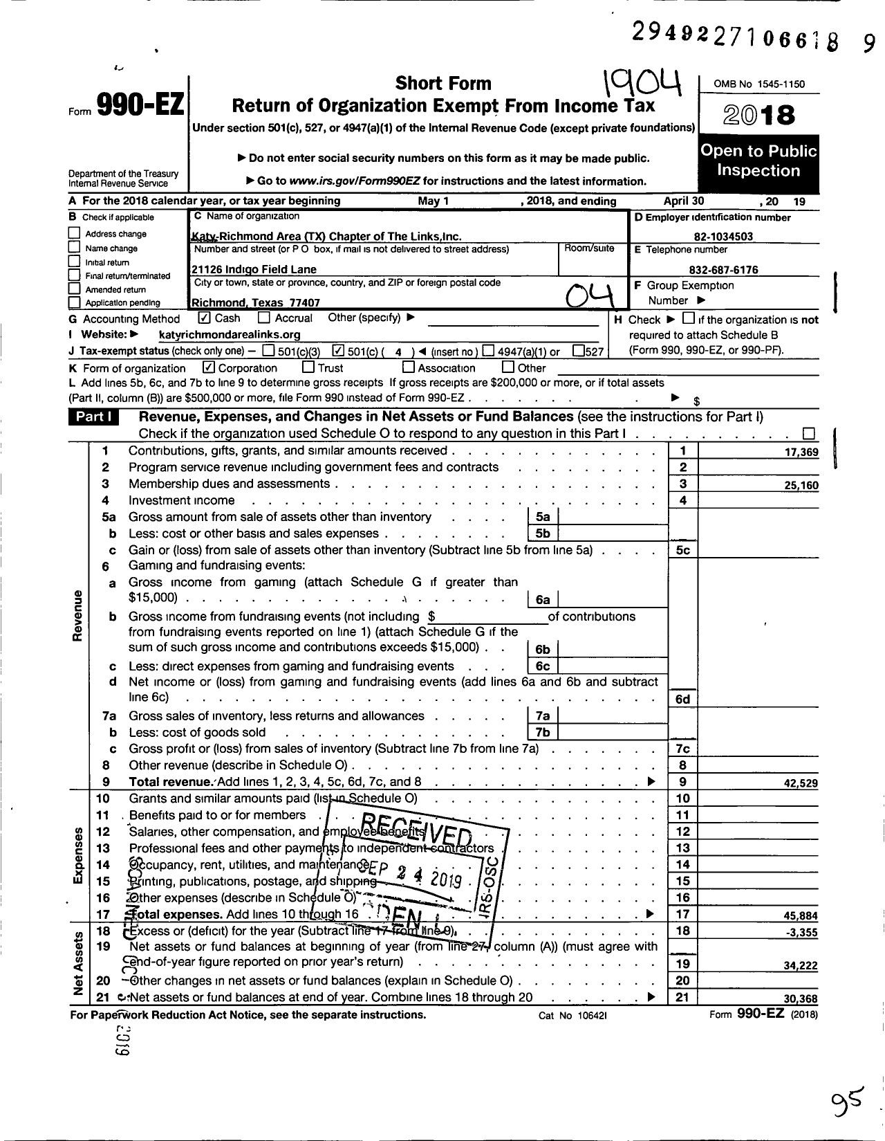 Image of first page of 2018 Form 990EO for Links / Katy Richmond Area TX