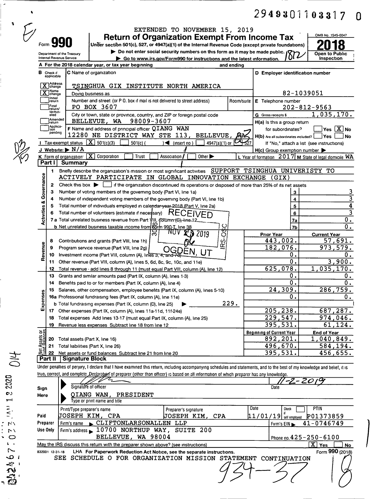 Image of first page of 2018 Form 990 for Tsinghua Gix Institute North America