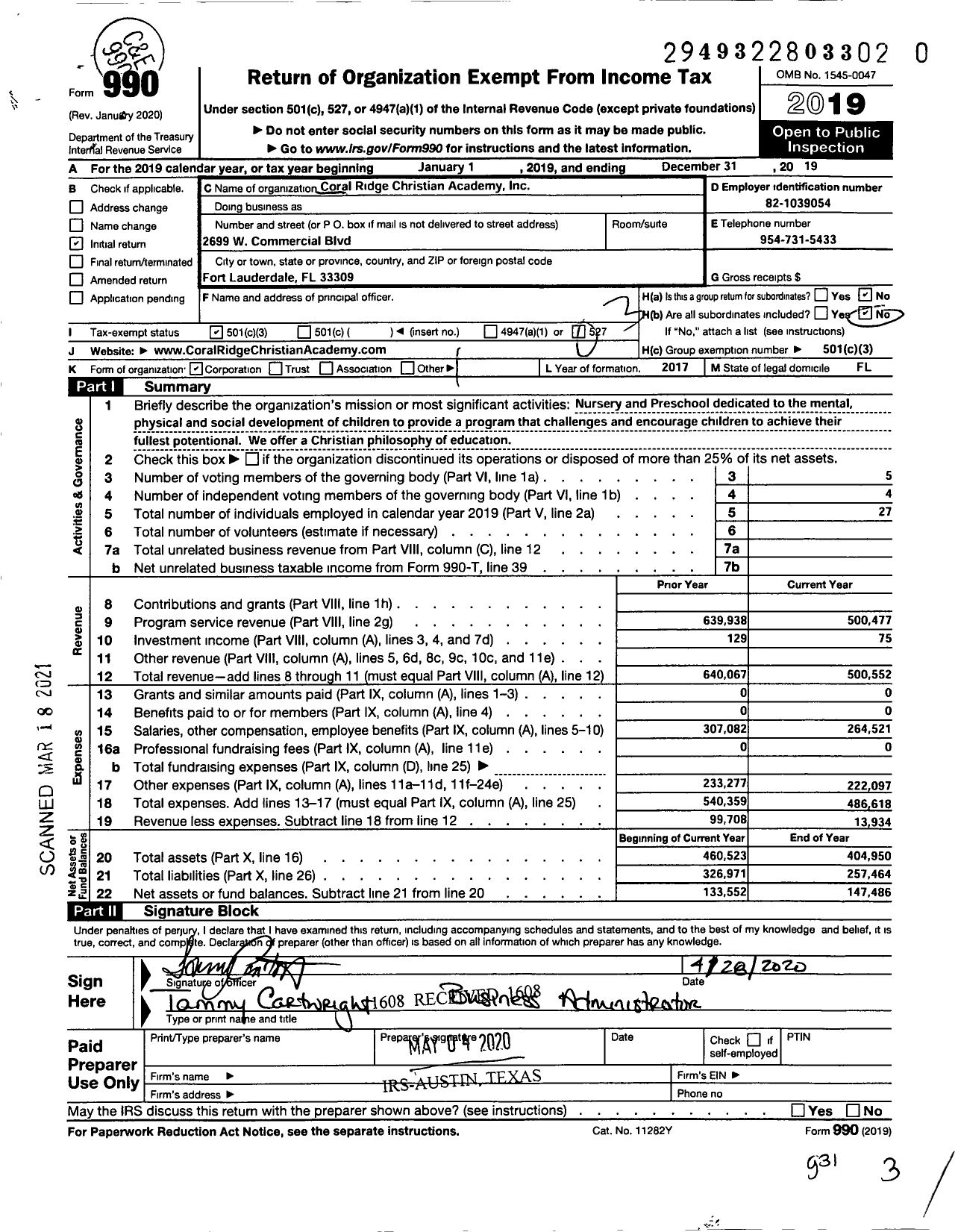 Image of first page of 2019 Form 990 for Coral Ridge Christian Academy