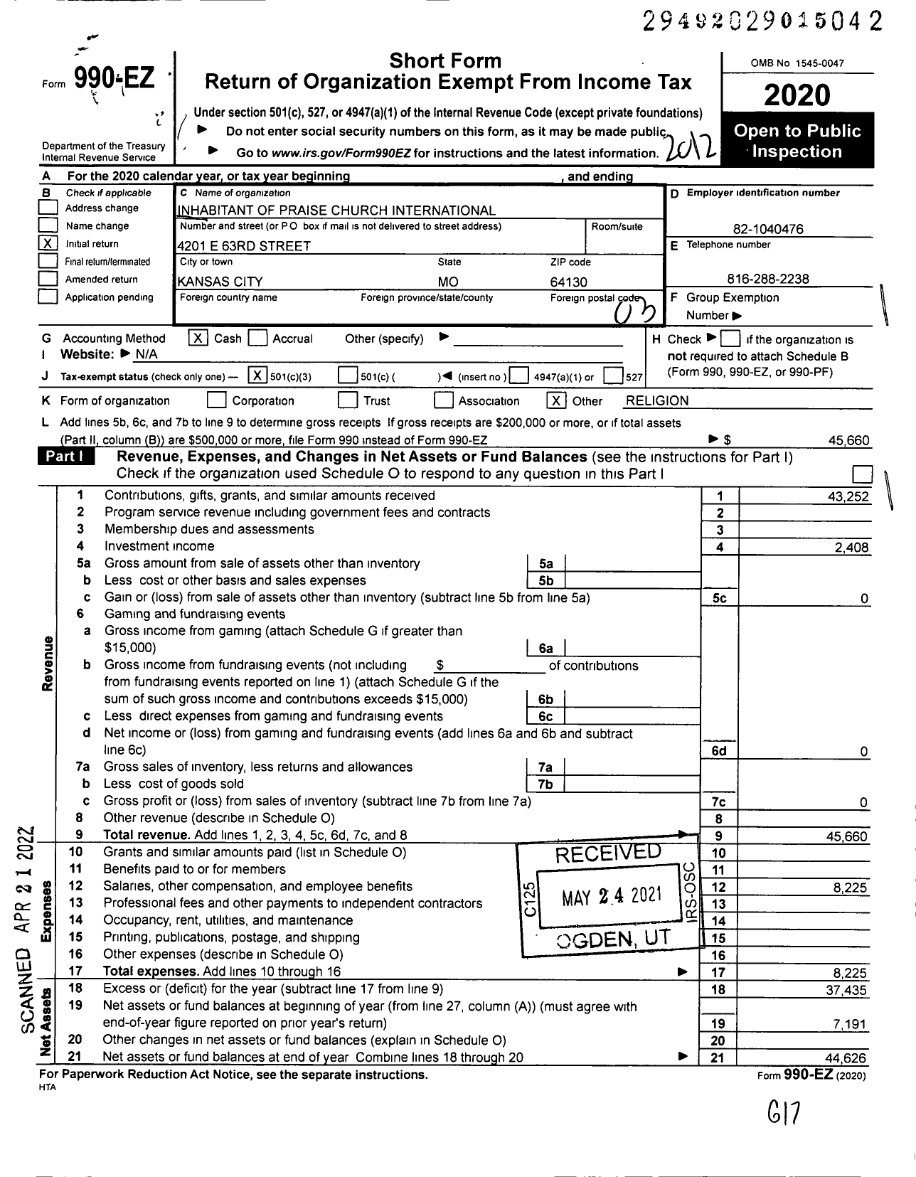 Image of first page of 2020 Form 990EZ for Inhabitants of Praise Church International