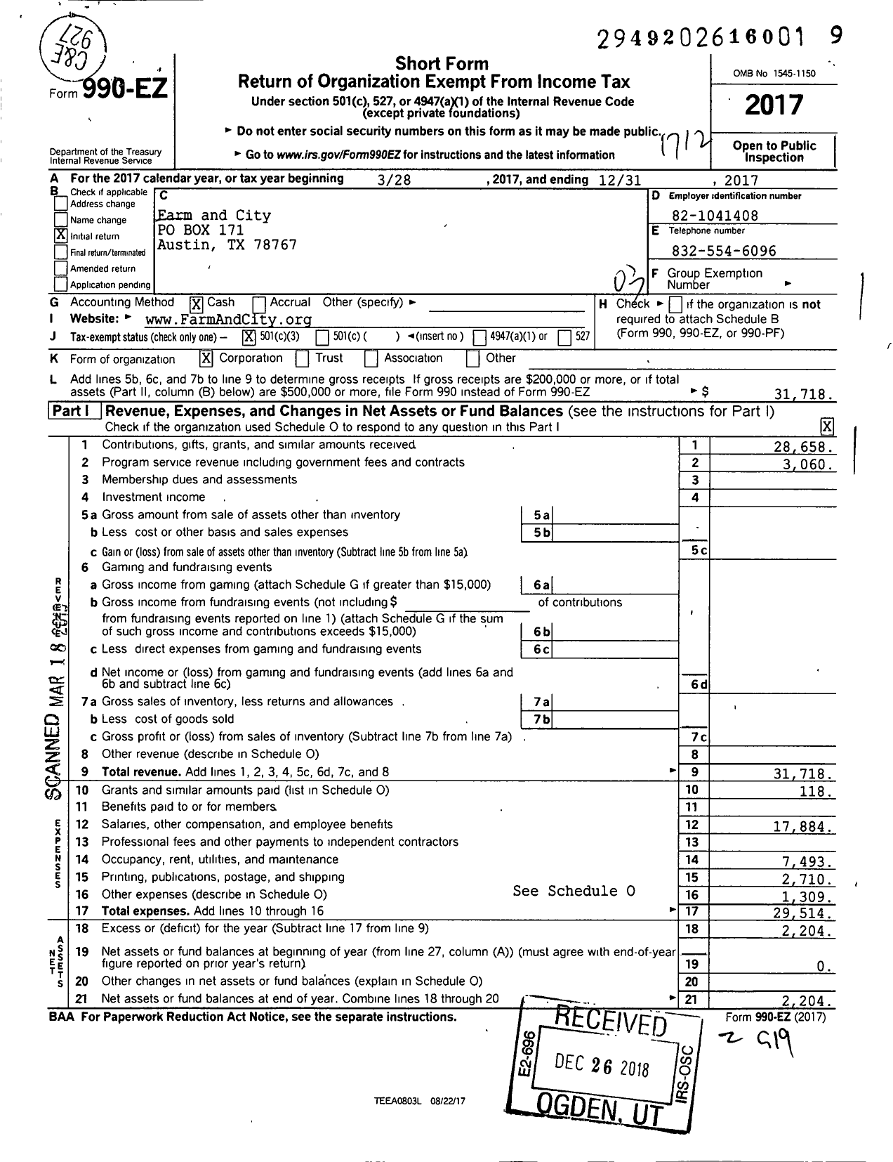 Image of first page of 2017 Form 990EZ for Farm and City