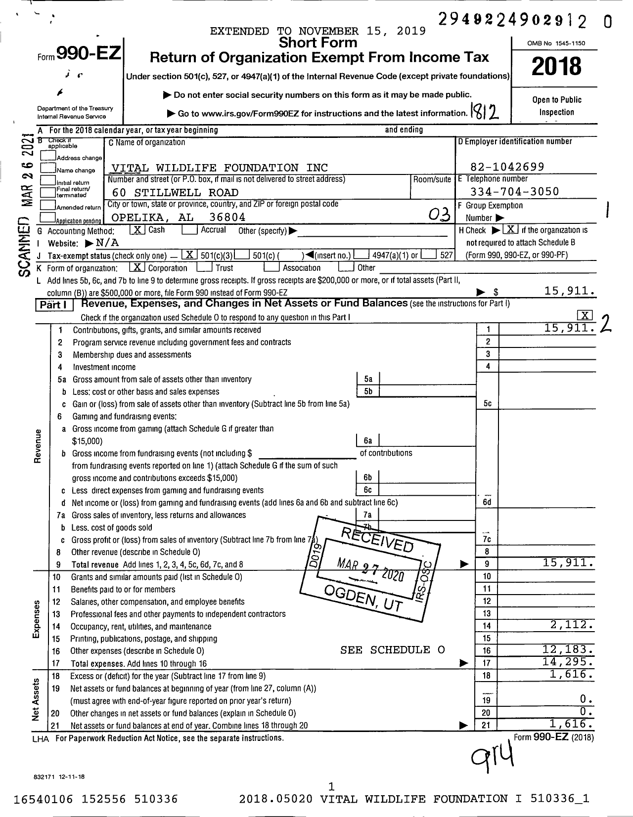 Image of first page of 2018 Form 990EZ for Vital Wildlife Foundation