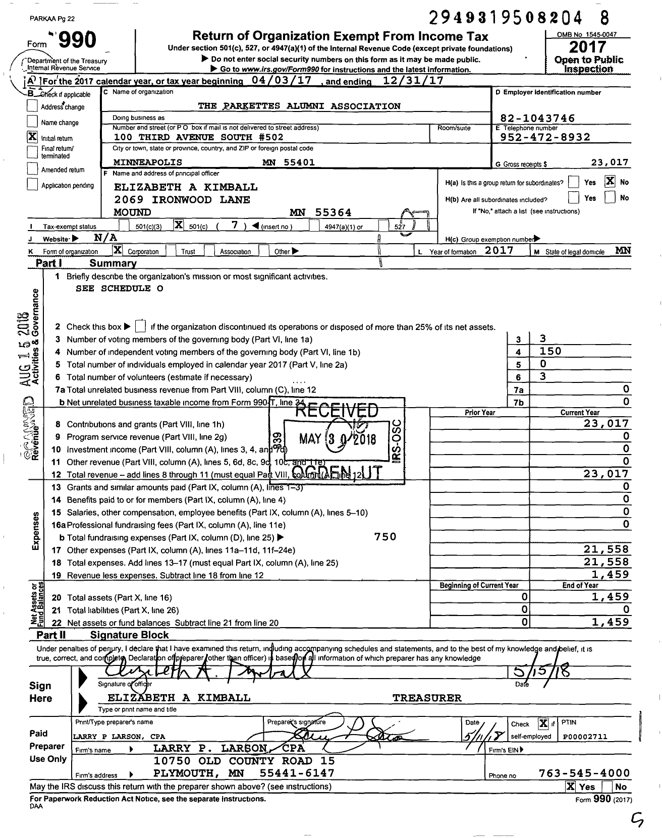 Image of first page of 2017 Form 990O for Parkettes Alumni Association