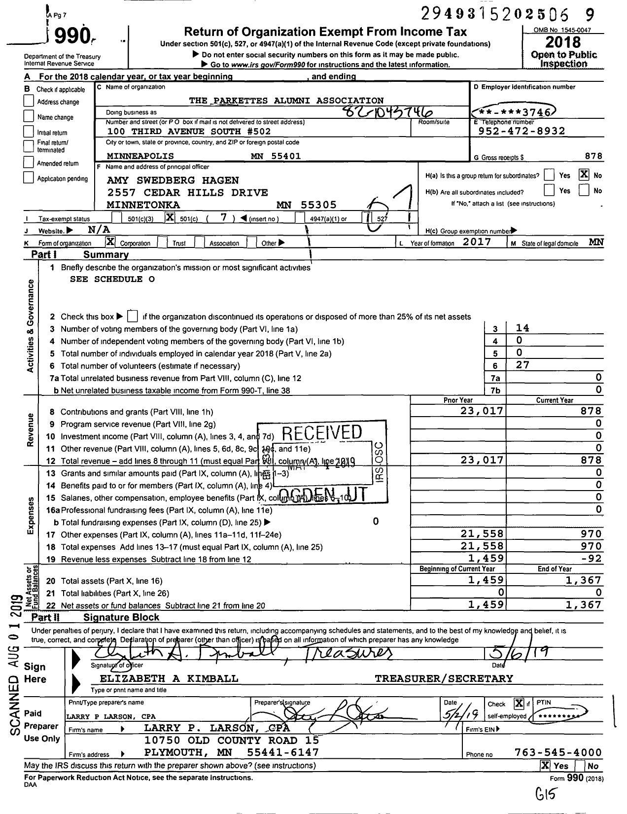 Image of first page of 2018 Form 990O for Parkettes Alumni Association