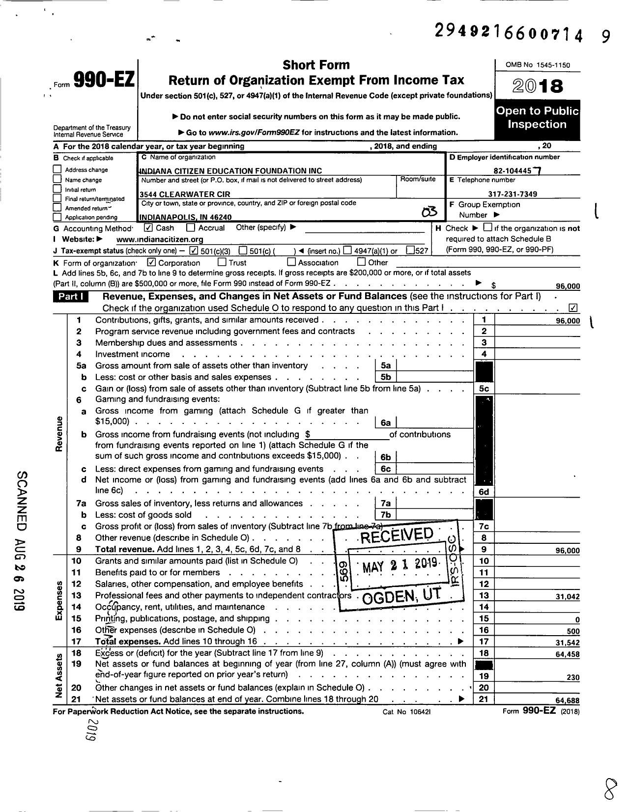 Image of first page of 2018 Form 990EZ for Indiana Citizen Education Foundation