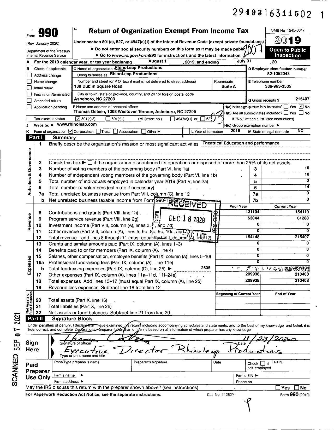 Image of first page of 2019 Form 990 for Rhinoleap Productions