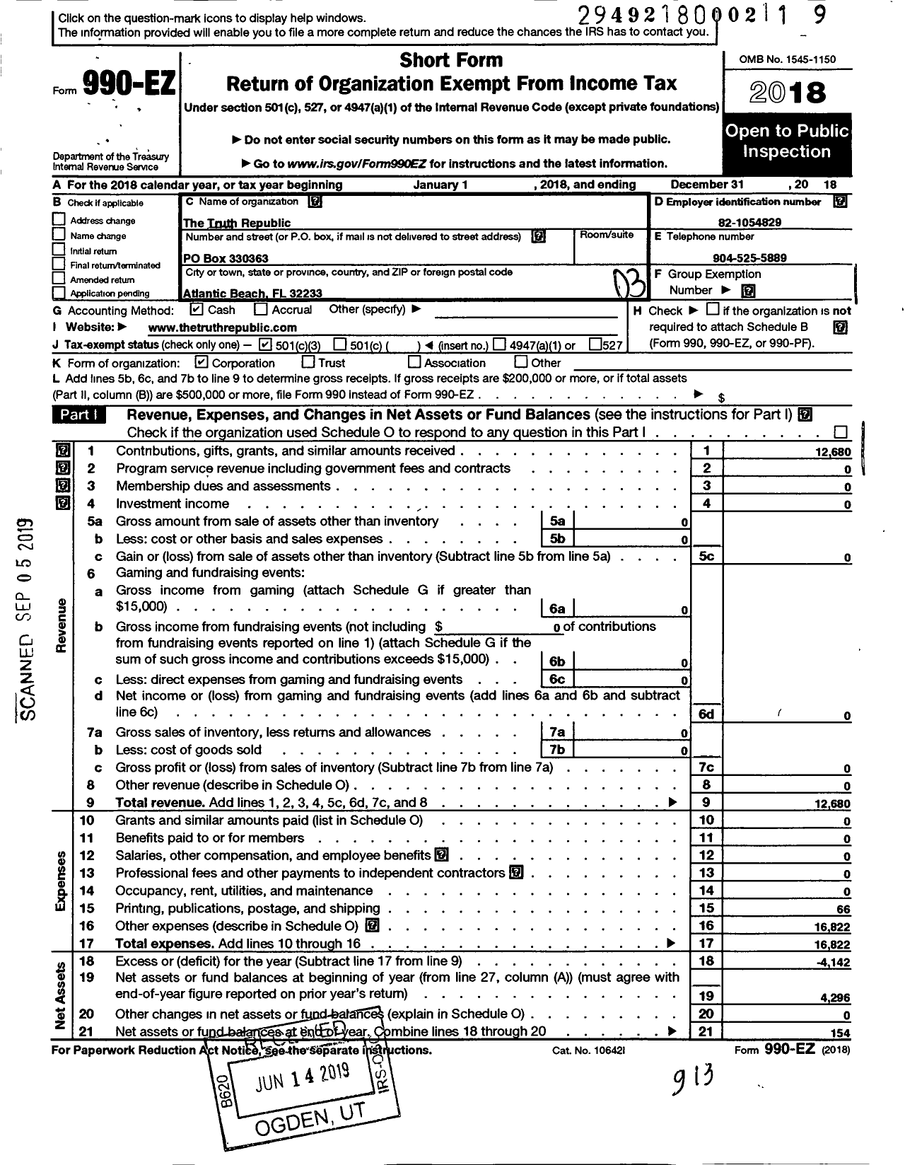 Image of first page of 2018 Form 990EZ for Truth Republic