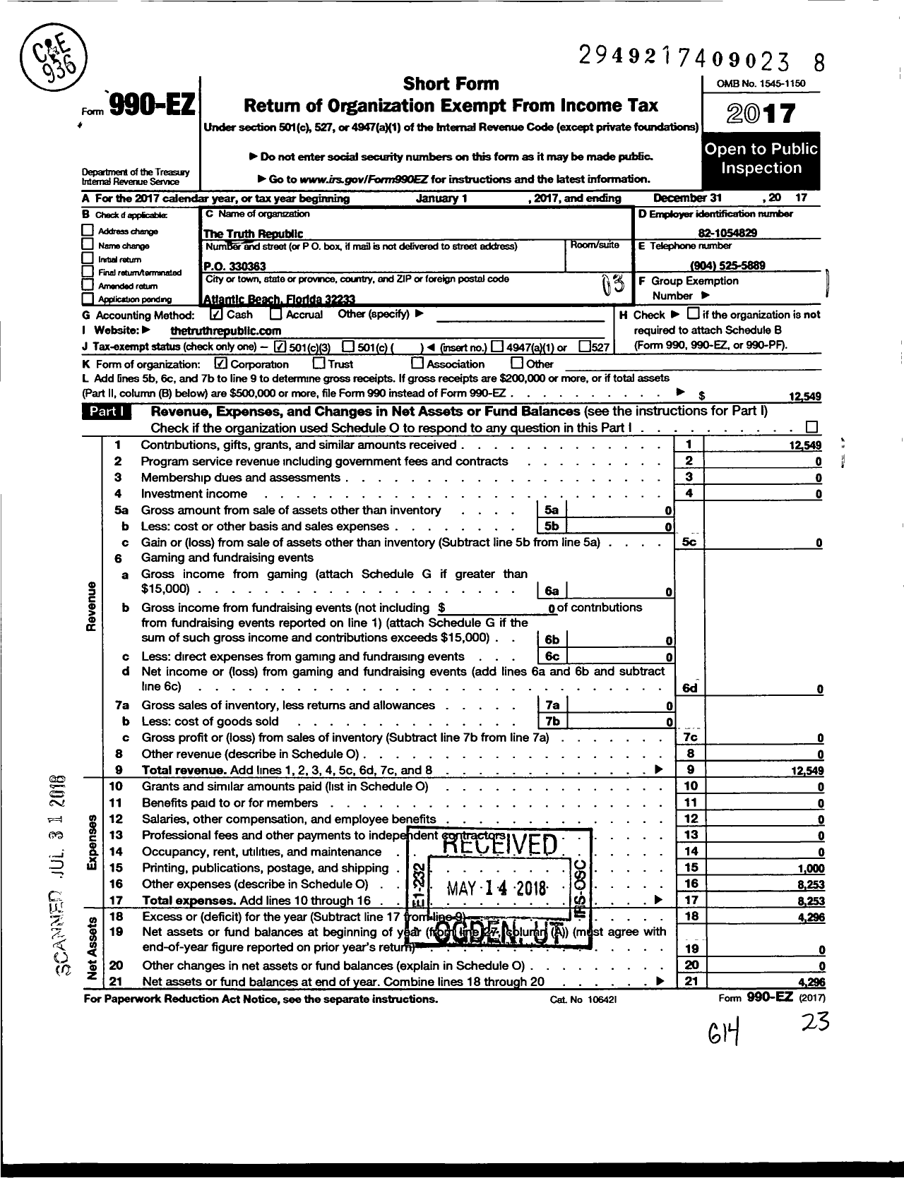 Image of first page of 2017 Form 990EZ for Truth Republic