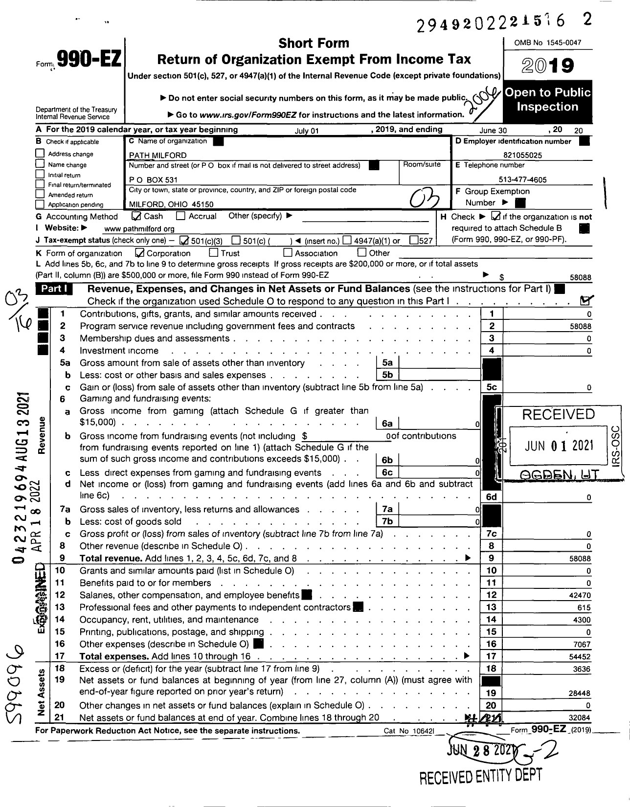 Image of first page of 2019 Form 990EZ for Path Milford Adam Patterson