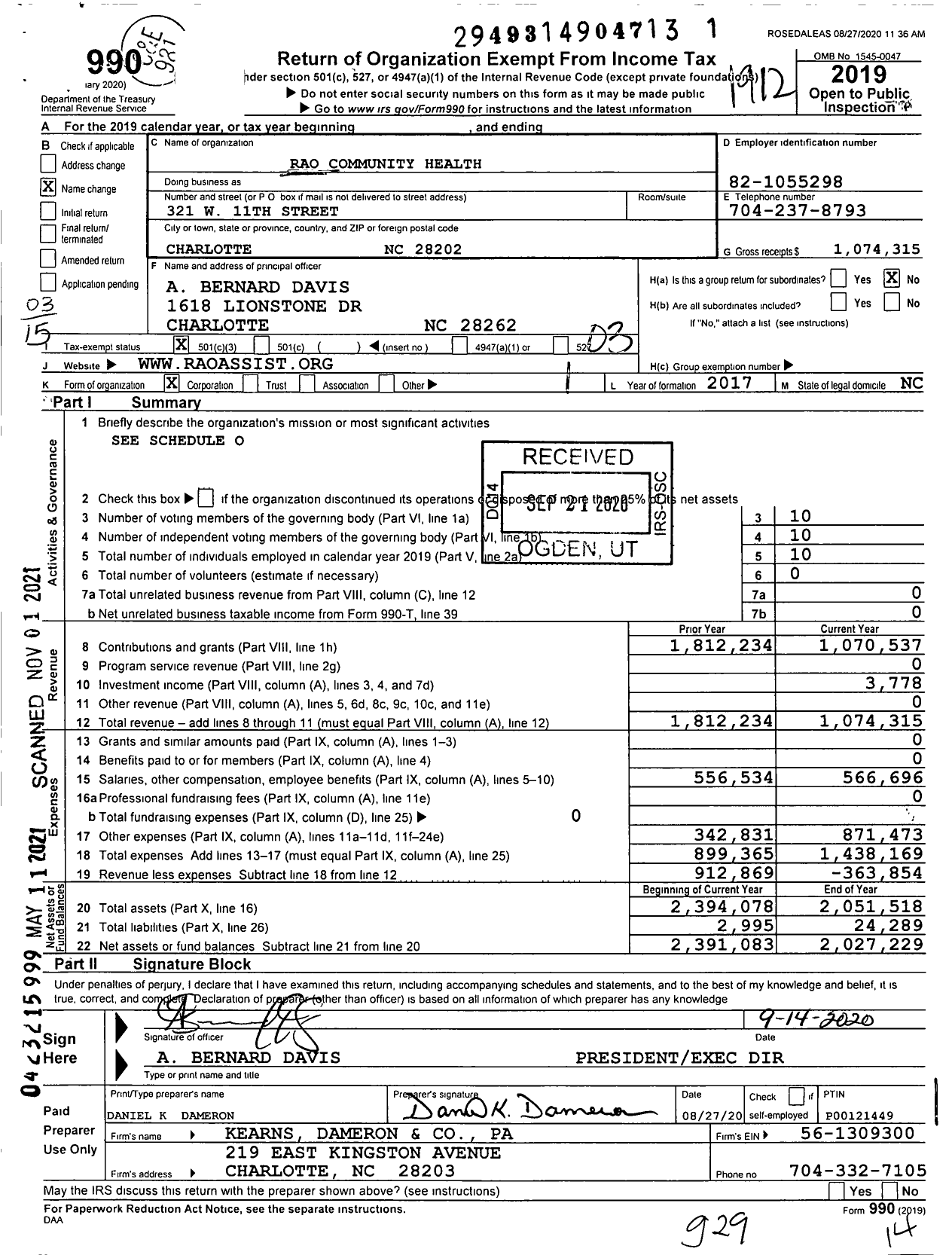 Image of first page of 2019 Form 990 for Rao Community Health