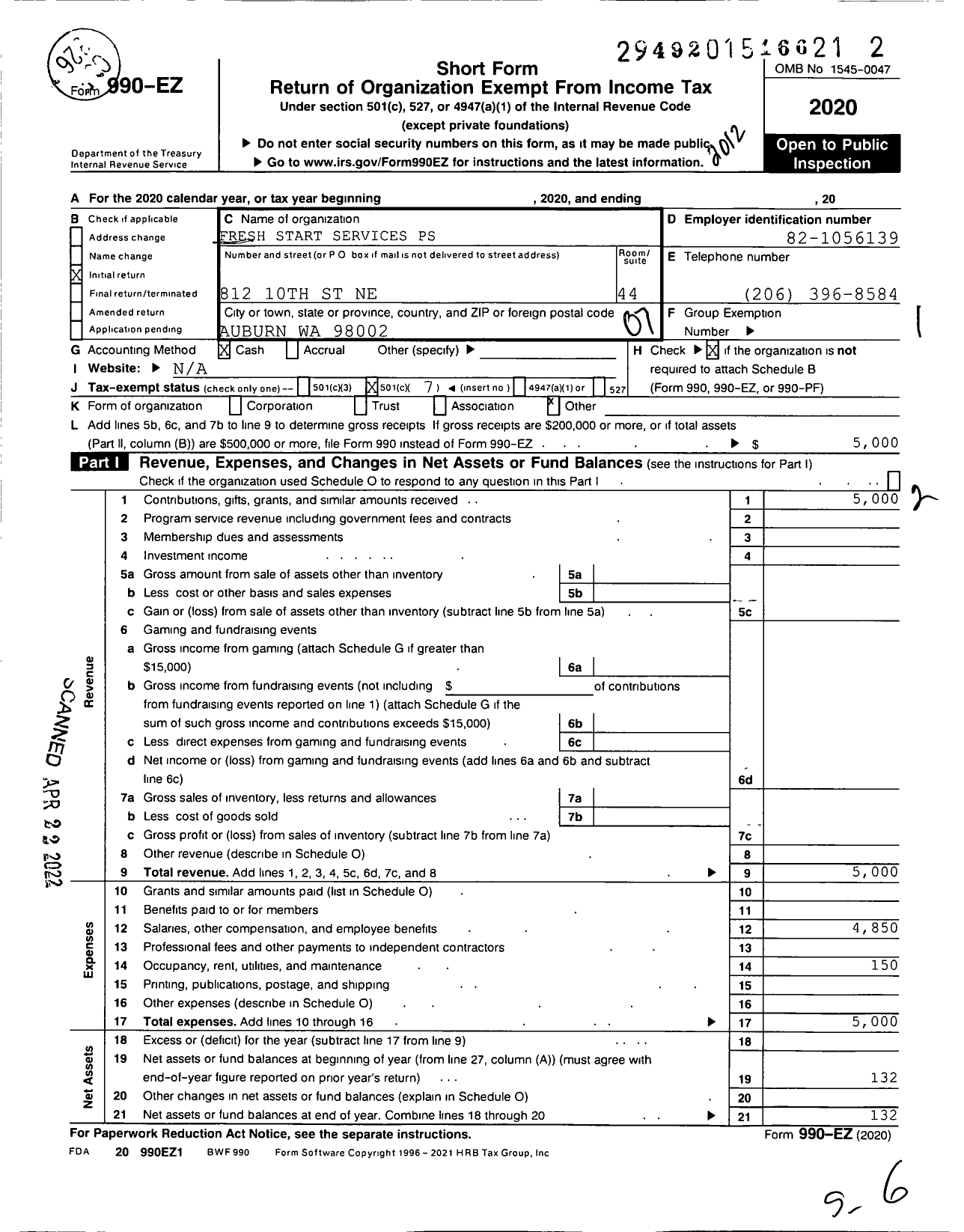 Image of first page of 2020 Form 990EO for Fresh Start Ps