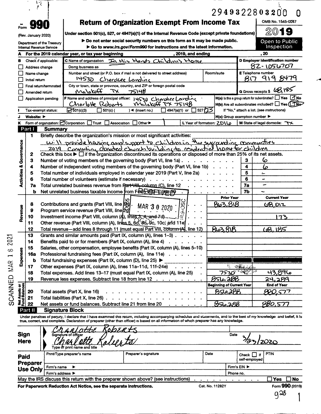 Image of first page of 2019 Form 990 for In His Hands Childrens Home