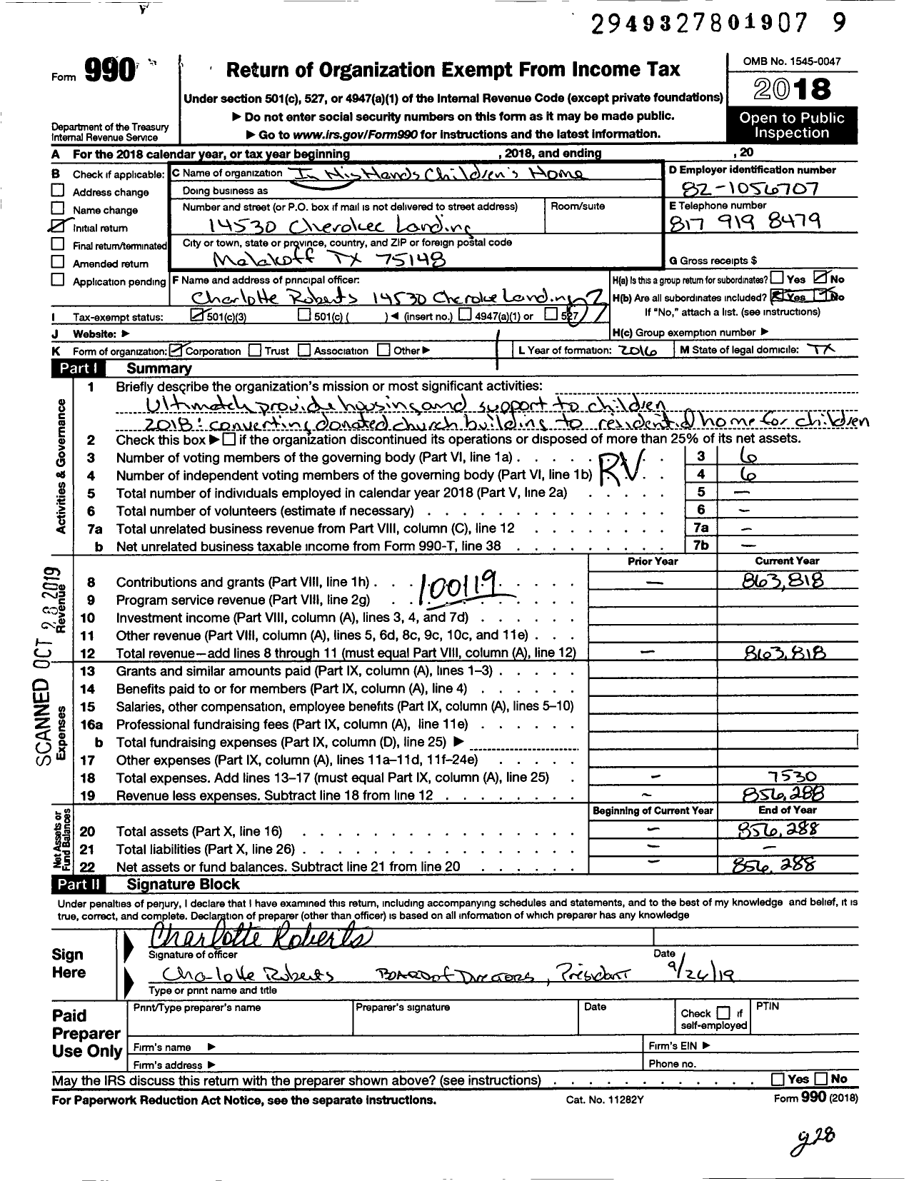 Image of first page of 2018 Form 990 for In His Hands Childrens Home