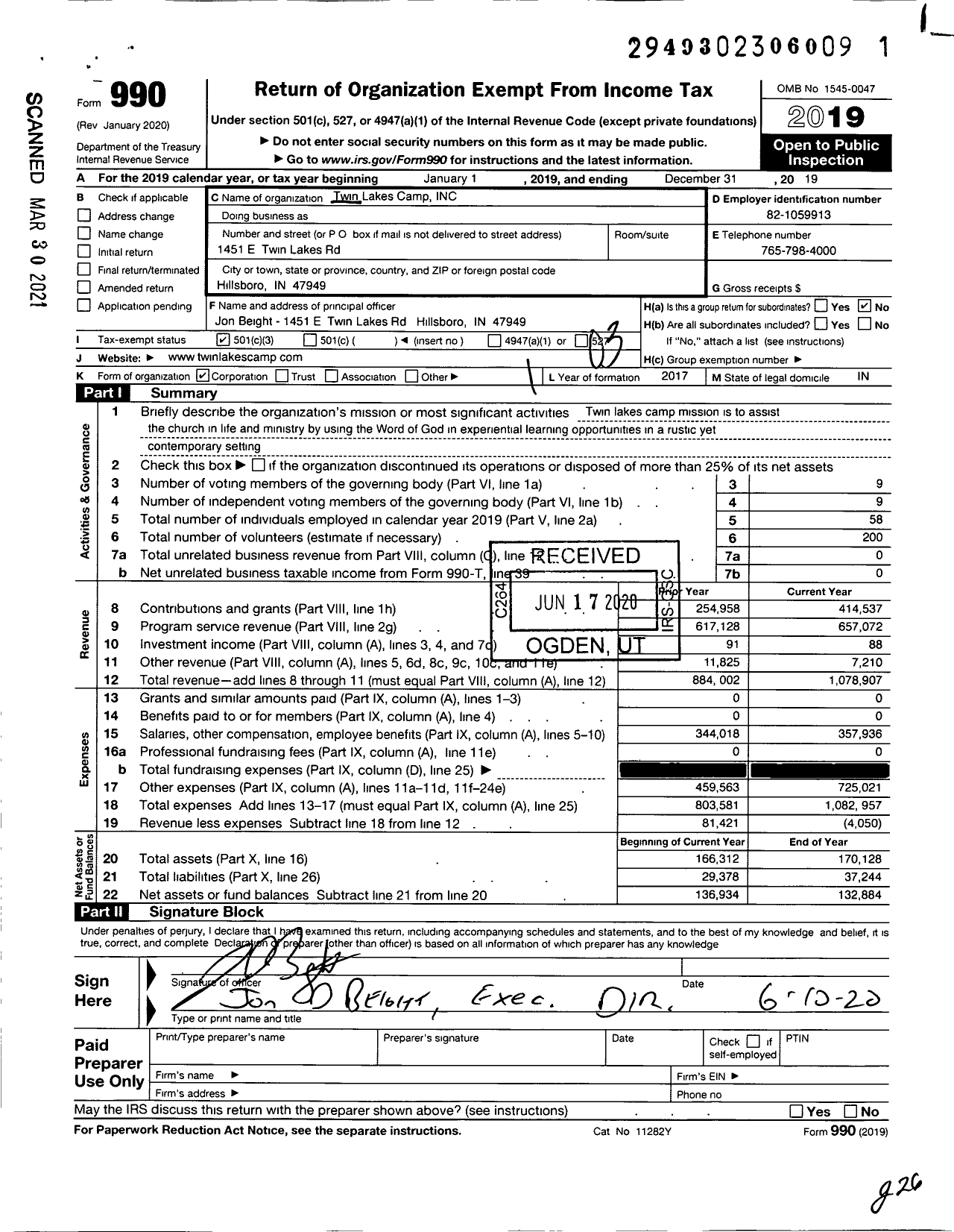 Image of first page of 2019 Form 990 for Twin Lakes Camp