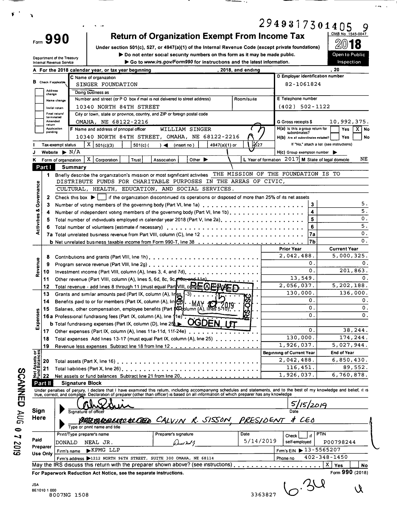 Image of first page of 2018 Form 990 for Singer Foundation