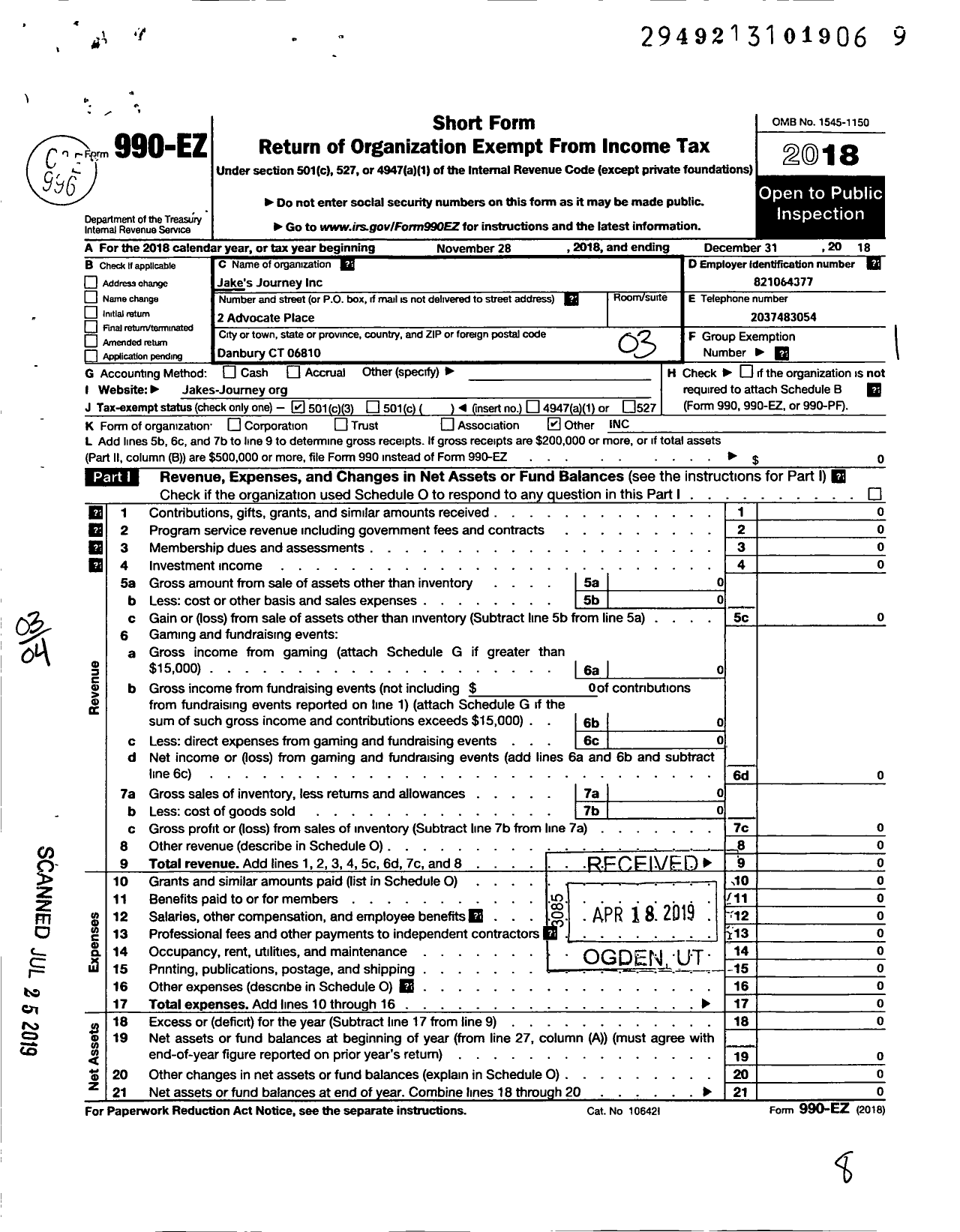 Image of first page of 2018 Form 990EZ for Jakes Journey