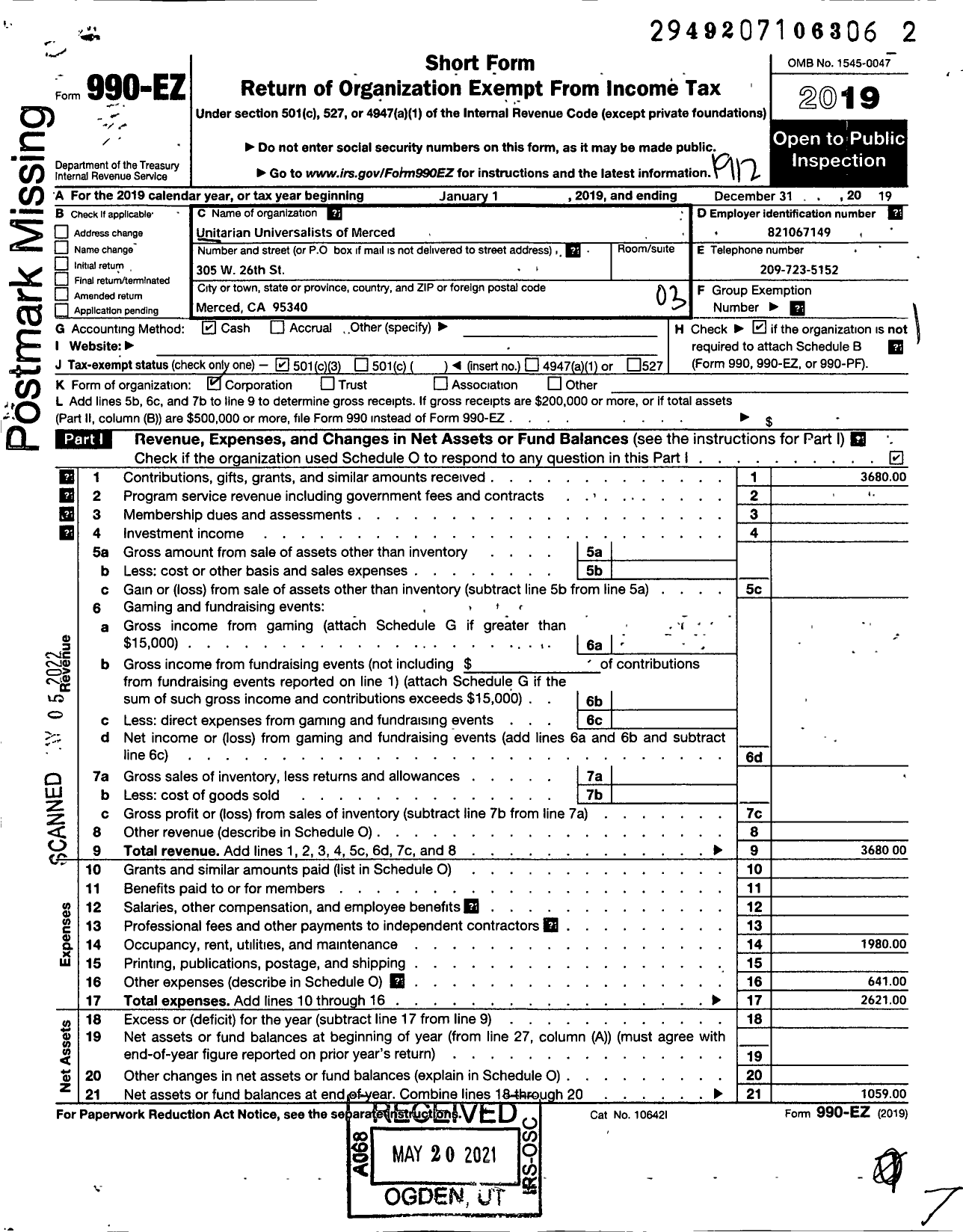 Image of first page of 2019 Form 990EZ for Unitarian Universalists of Merced (UUM)