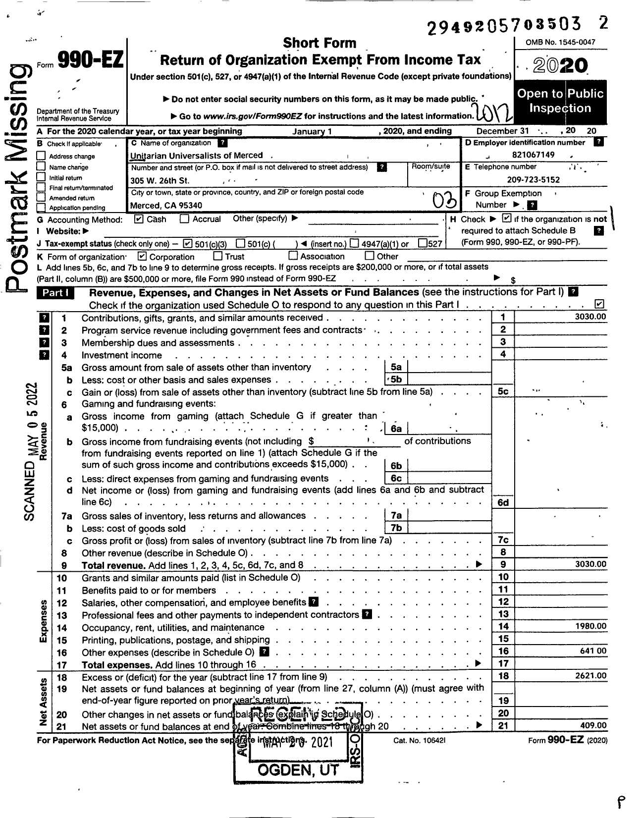 Image of first page of 2020 Form 990EZ for Unitarian Universalists of Merced (UUM)