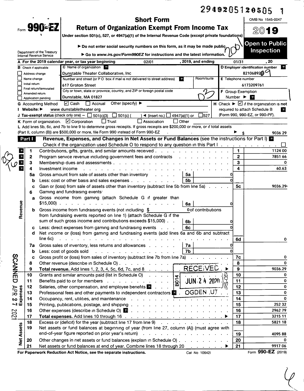 Image of first page of 2019 Form 990EZ for Dunstable Theater Collaborative