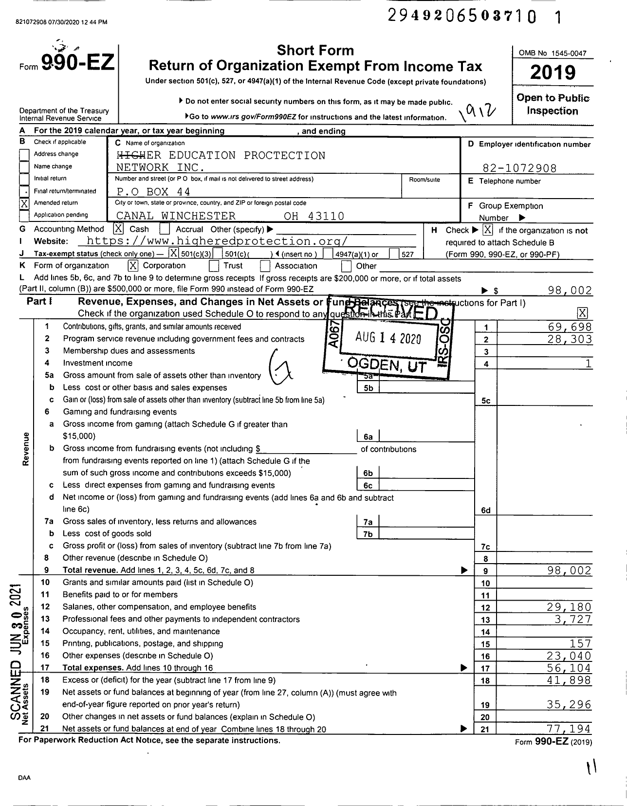 Image of first page of 2019 Form 990EZ for Higher Education Protection Network