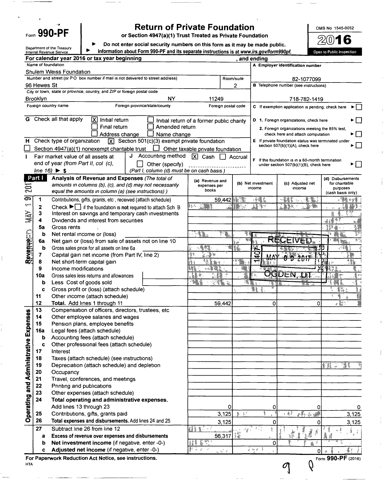 Image of first page of 2016 Form 990PF for Shulem Weiss Foundation