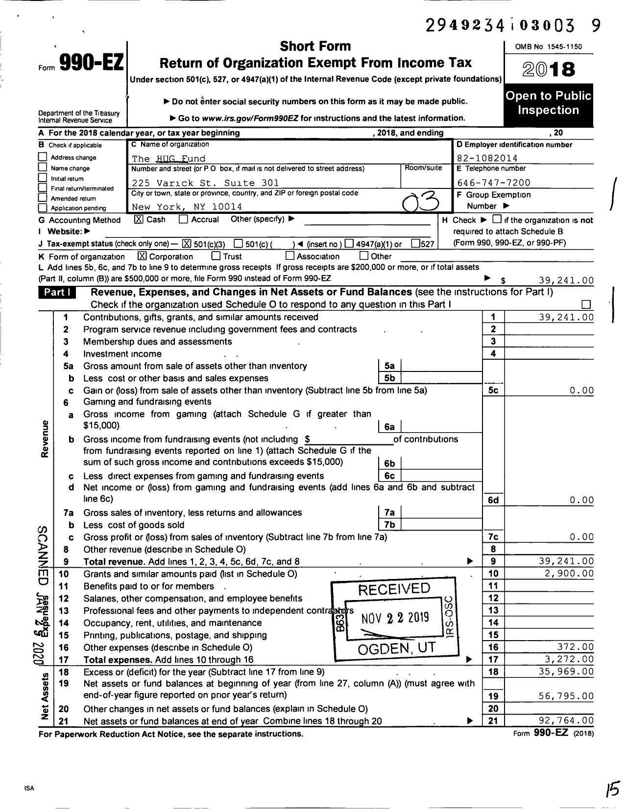 Image of first page of 2018 Form 990EZ for The Hug Fund