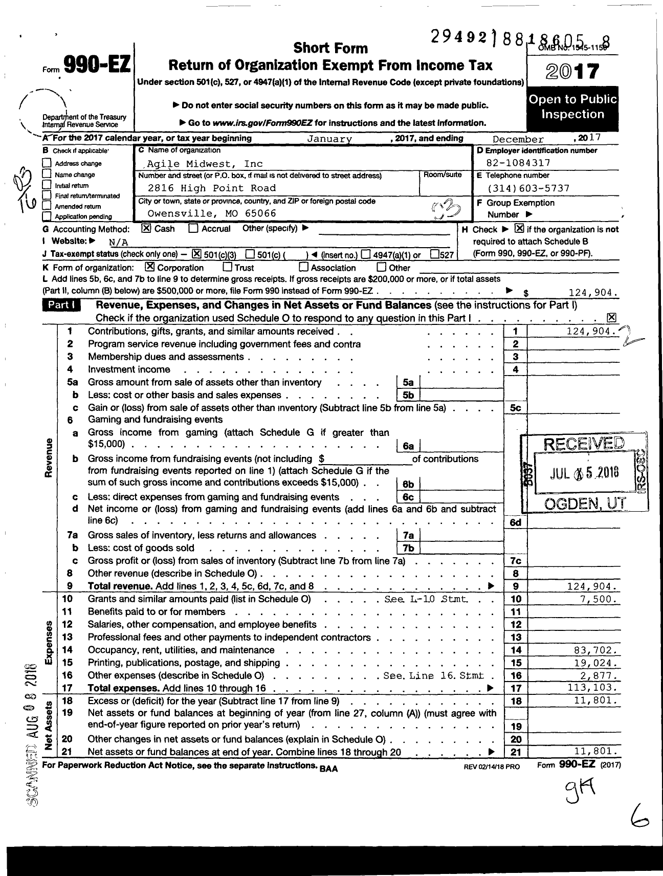 Image of first page of 2017 Form 990 for Agile Midwest